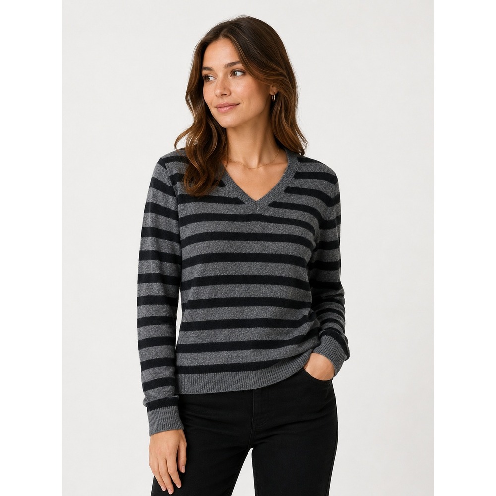 Halogen Cashmere Sweater Womens Small Grey Black Striped V-Neck Quiet Luxury